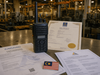 MCMC licensed walkie talkie on Malaysian factory floor with compliance documents