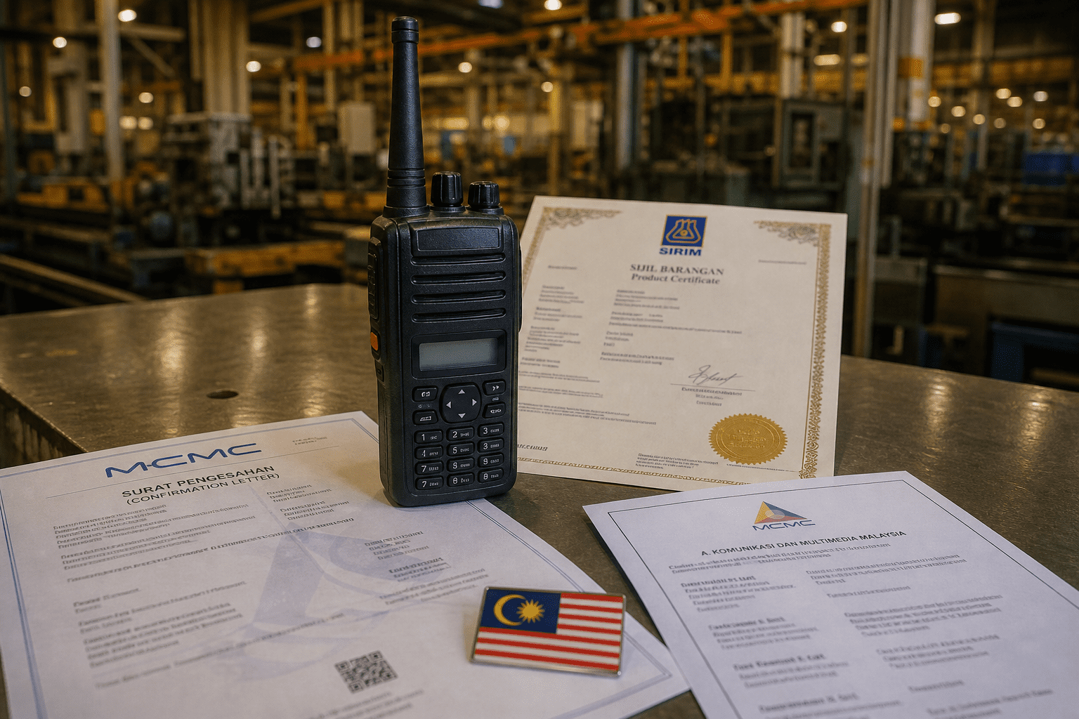 Walkie talkie MCMC license Malaysia compliance hero image with radio and certification documents on industrial workbench