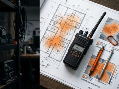 Walkie talkie on a Malaysian building floor plan with radio coverage heat zones for indoor range planning.