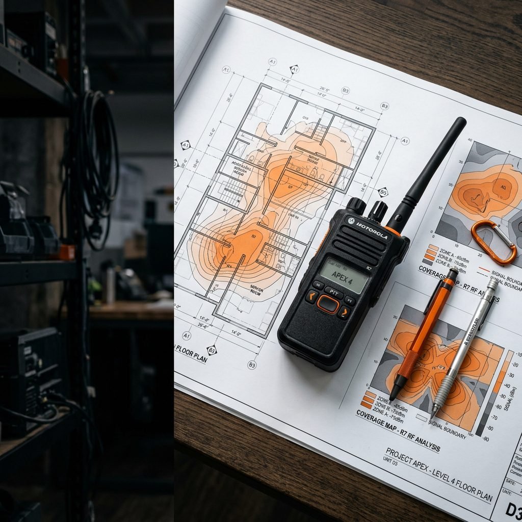 Walkie talkie on a Malaysian building floor plan with radio coverage heat zones for indoor range planning.