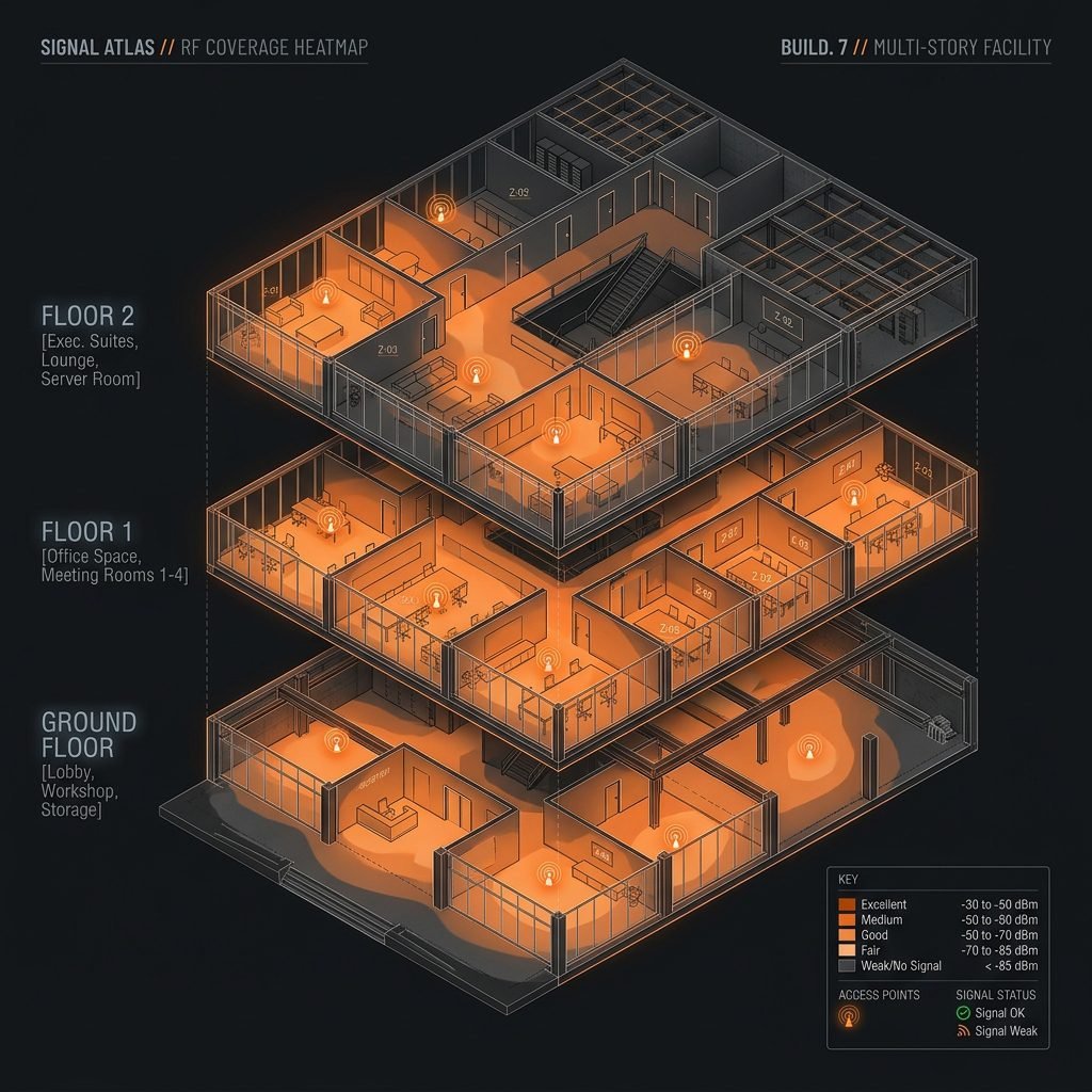Signal atlas diagram showing multi-floor walkie talkie coverage zones and indoor dead spot planning.