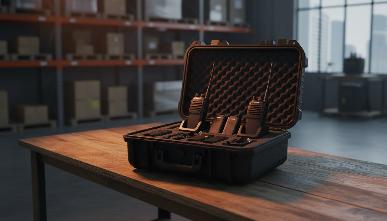 Clean walkie talkie rental kit with chargers and earpieces for Kuala Lumpur event teams
