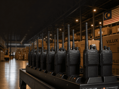 Walkie talkie rental warehouse in Malaysia with radios on charging stations