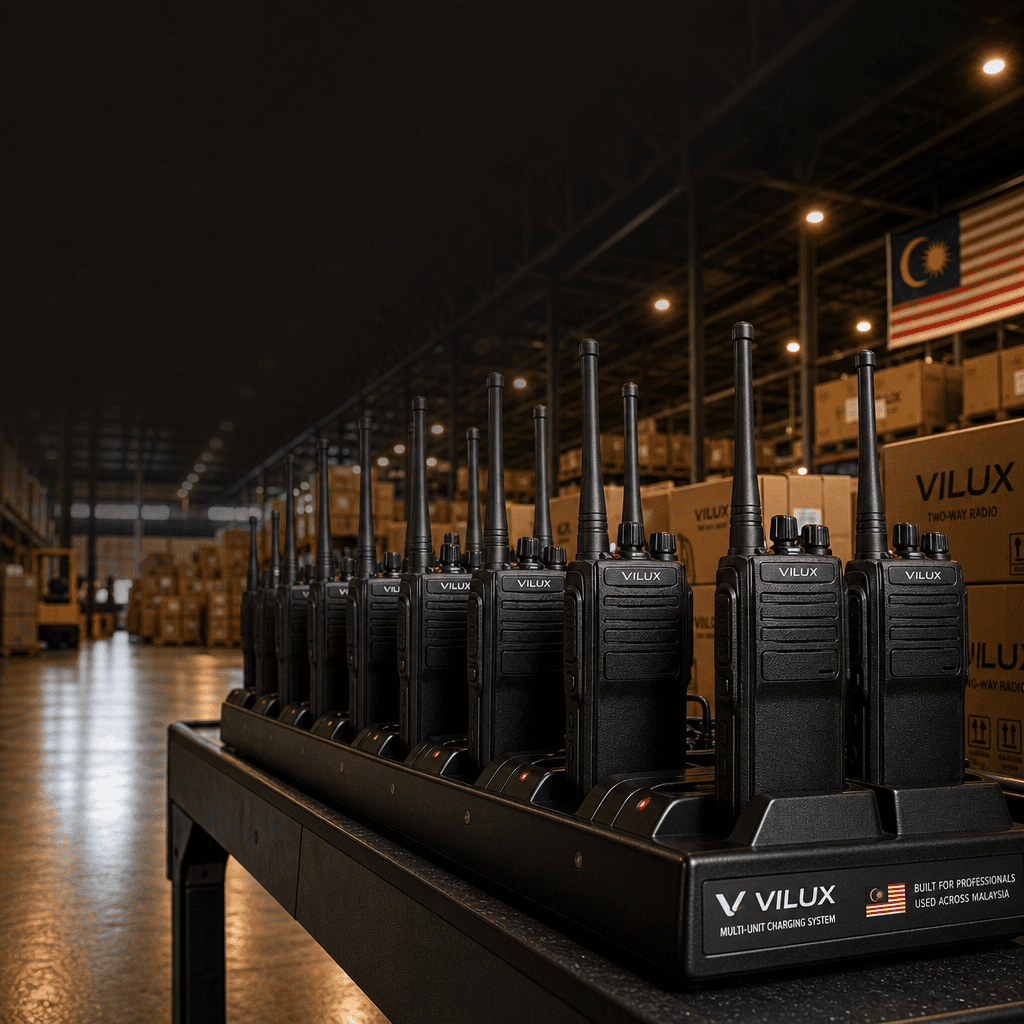 Walkie talkie rental warehouse in Malaysia with radios on charging stations