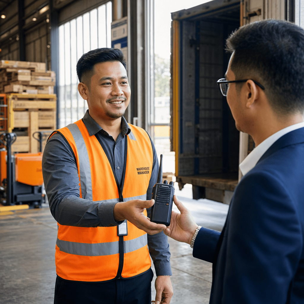 Warehouse manager handing over a walkie talkie radio to a rental client at a Malaysian facility