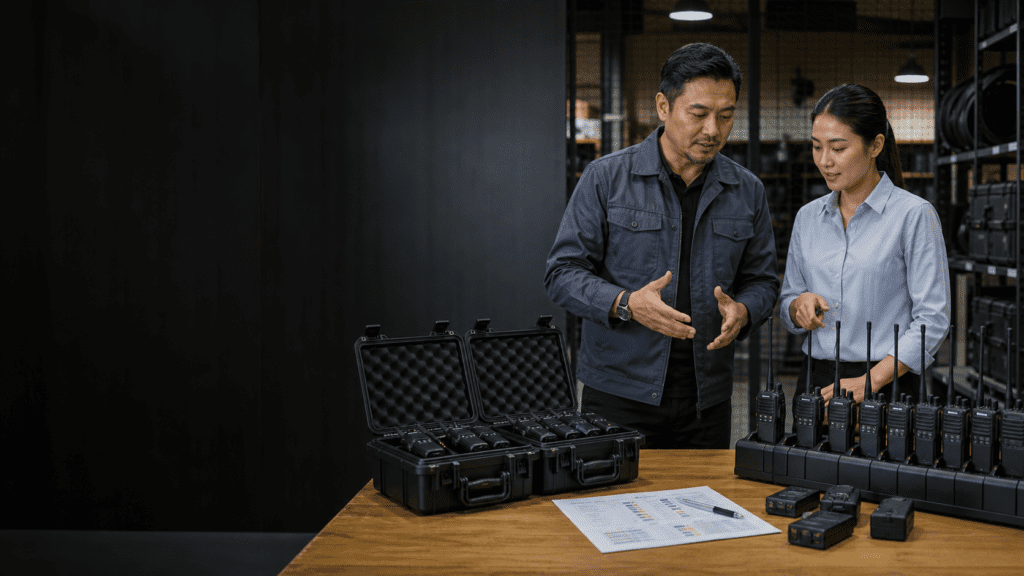Malaysian operations manager comparing walkie talkie rental and purchase costs