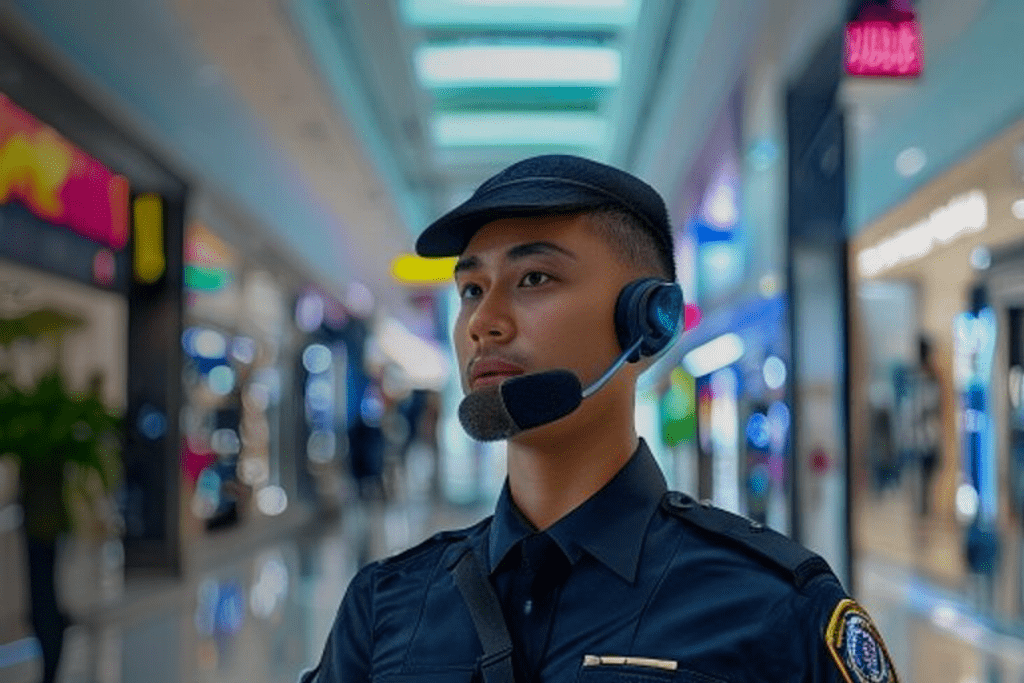 Malaysian retail security guard using walkie talkie and earpiece during mall patrol