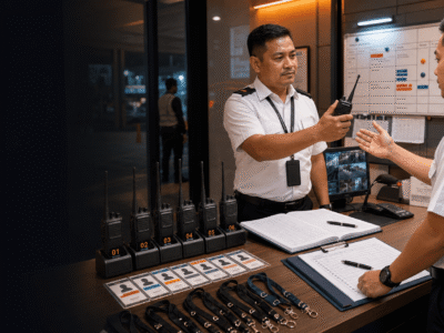 Malaysian security supervisor handing over walkie talkies with call sign cards and radio check log