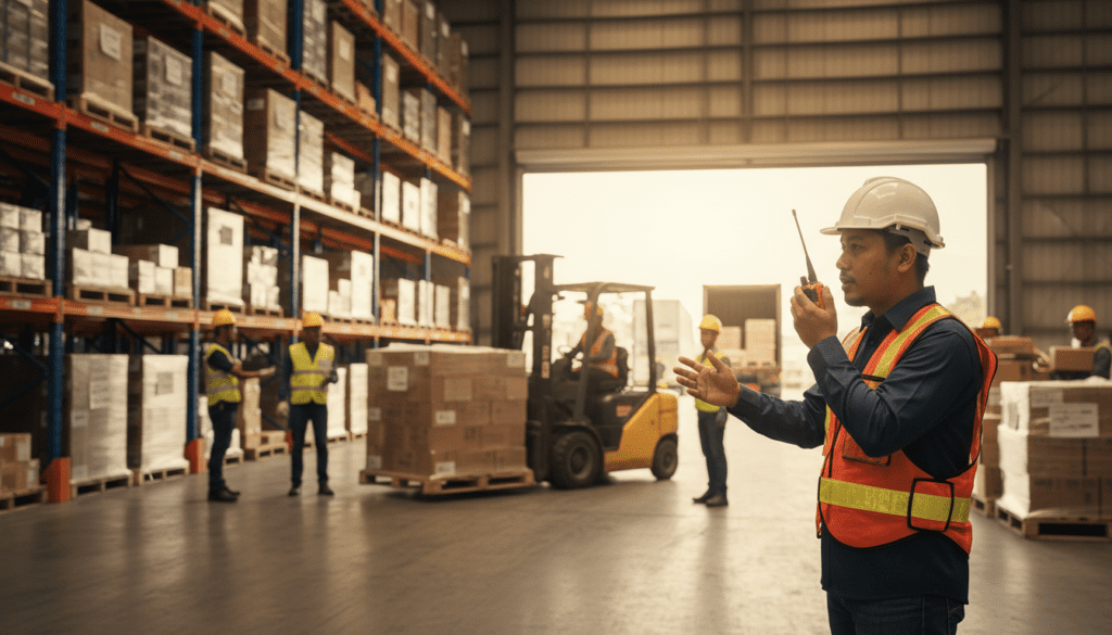 Warehouse Logistics team in Malaysia using Octogen walkie talkies