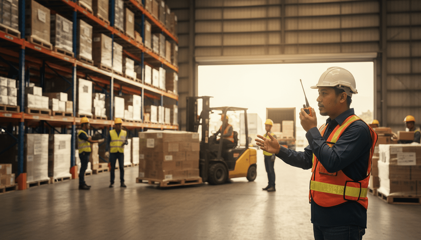 Warehouse Logistics team in Malaysia coordinating with Octogen walkie talkies