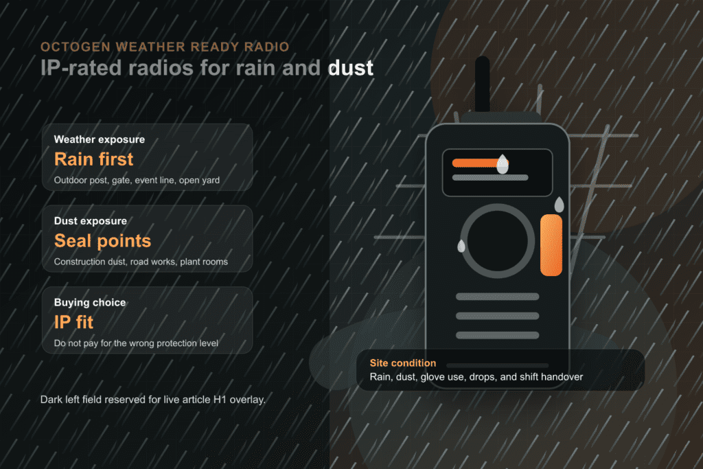 Waterproof walkie talkie with rain and dust exposure on a Malaysian construction site