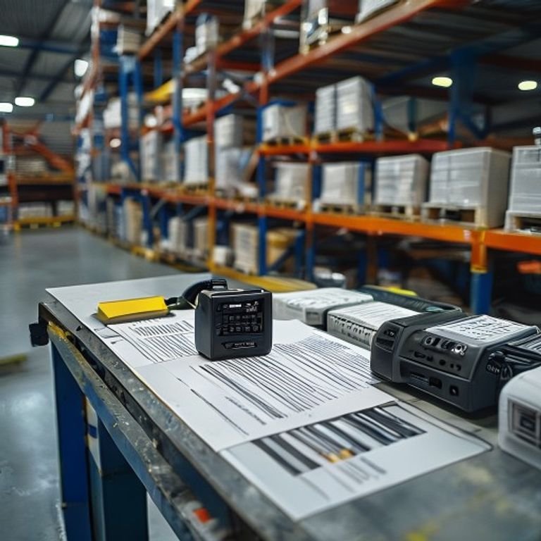Overhead view of warehouse operations workspace with walkie-talkie, inventory picking list, barcode scanner, and safety gloves