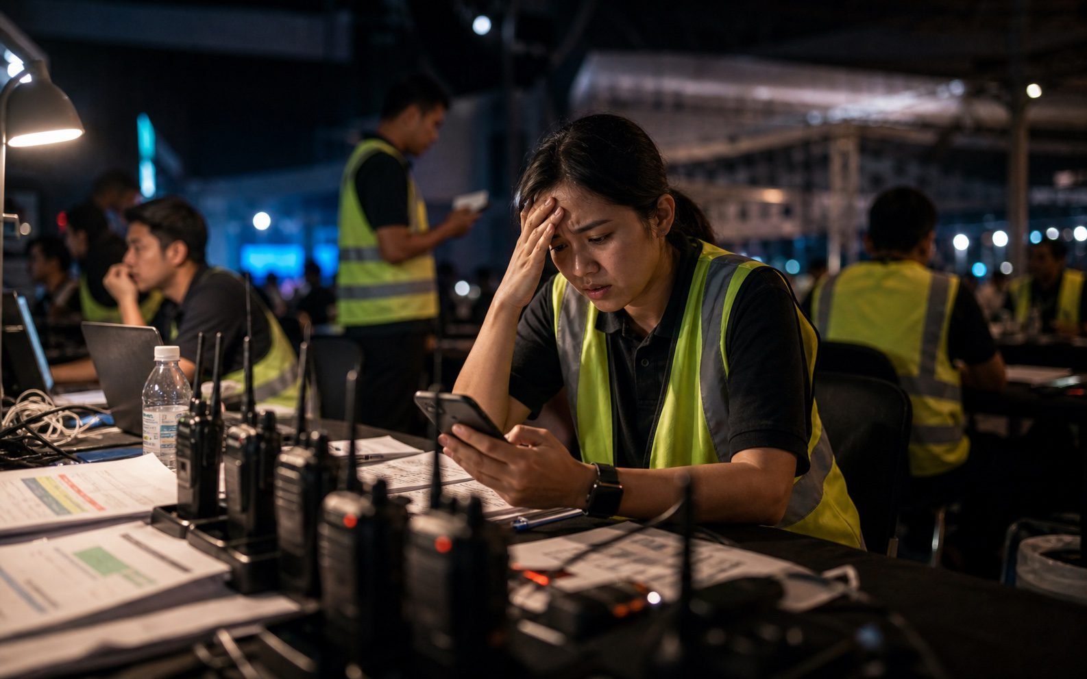 Generated late-night event organiser struggling with walkie-talkie rental logistics