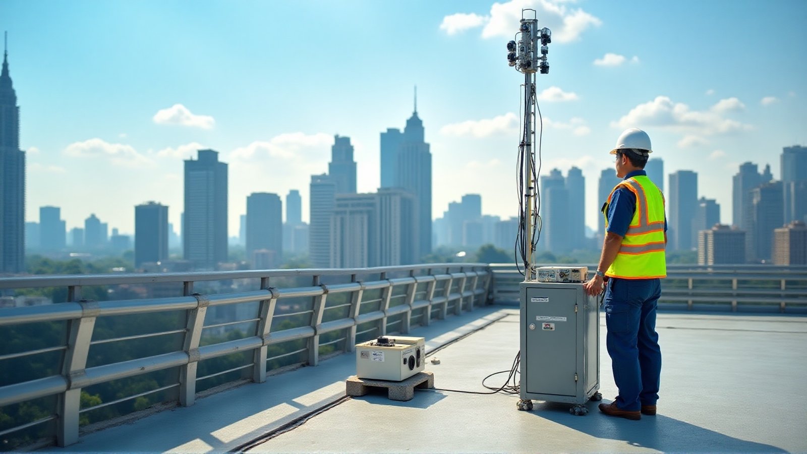 Telecommunications engineer on a Kuala Lumpur rooftop beside a two-way radio repeater antenna