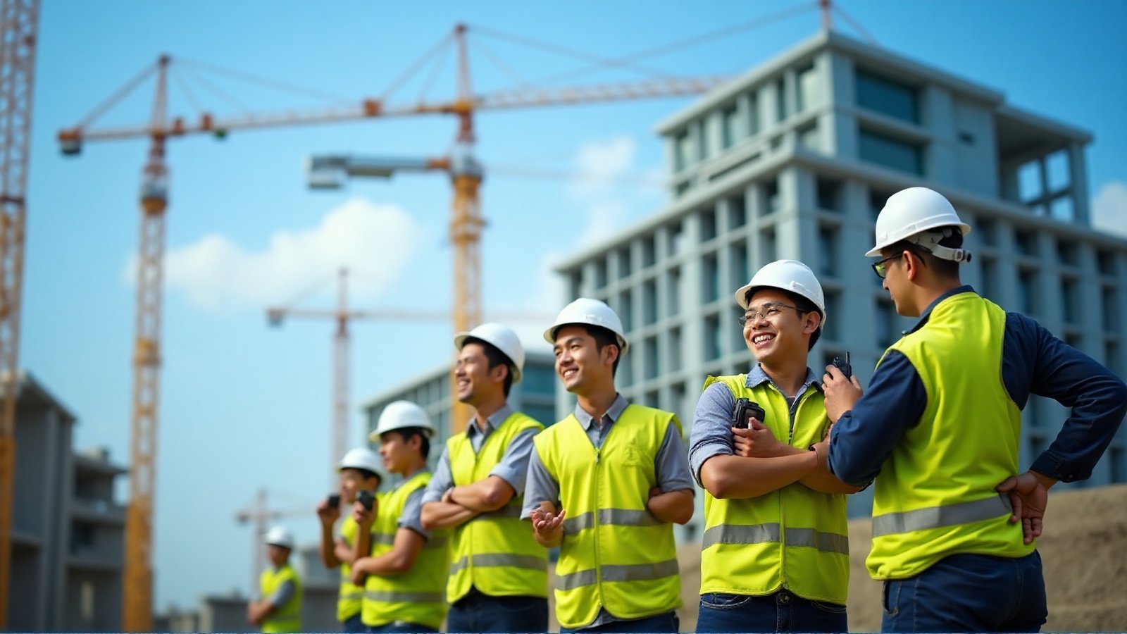 Malaysian operations crew in hi-vis vests coordinating on a construction site with two-way radios supplied by Octogen