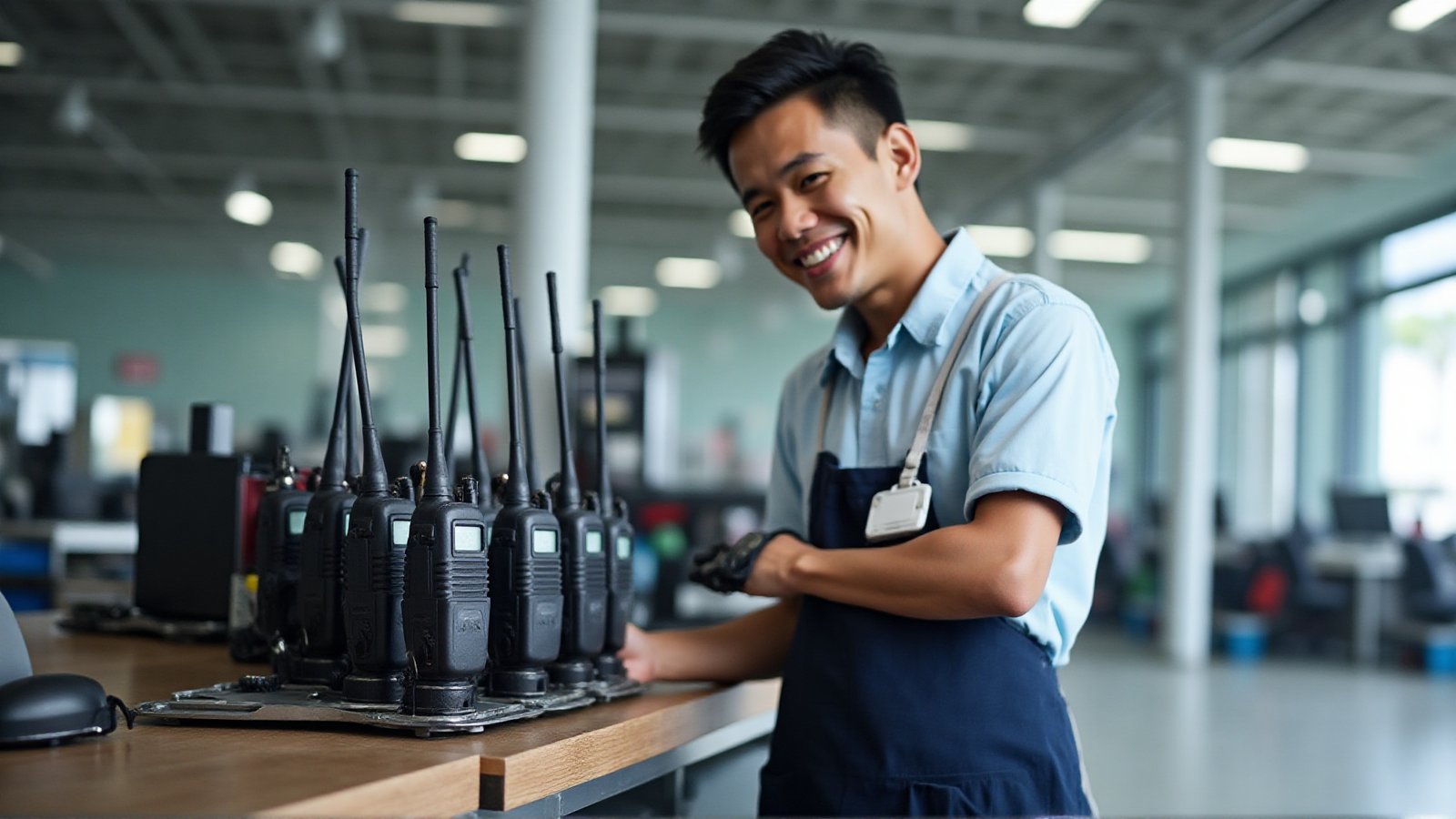Octogen technician handing back serviced two-way radios at the service counter