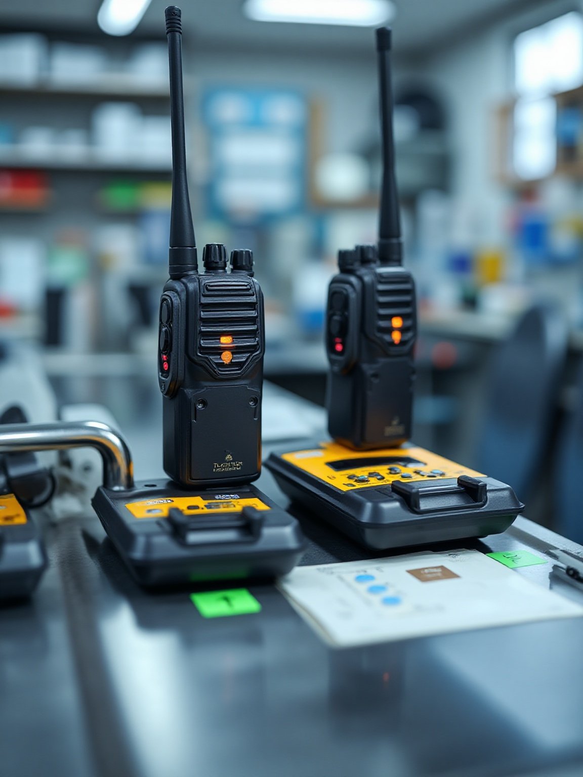 Two-way radio battery packs being tested on a battery analyzer with readouts