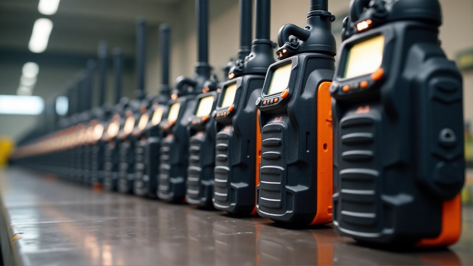 A row of clean refurbished two-way radios lined up after Octogen servicing