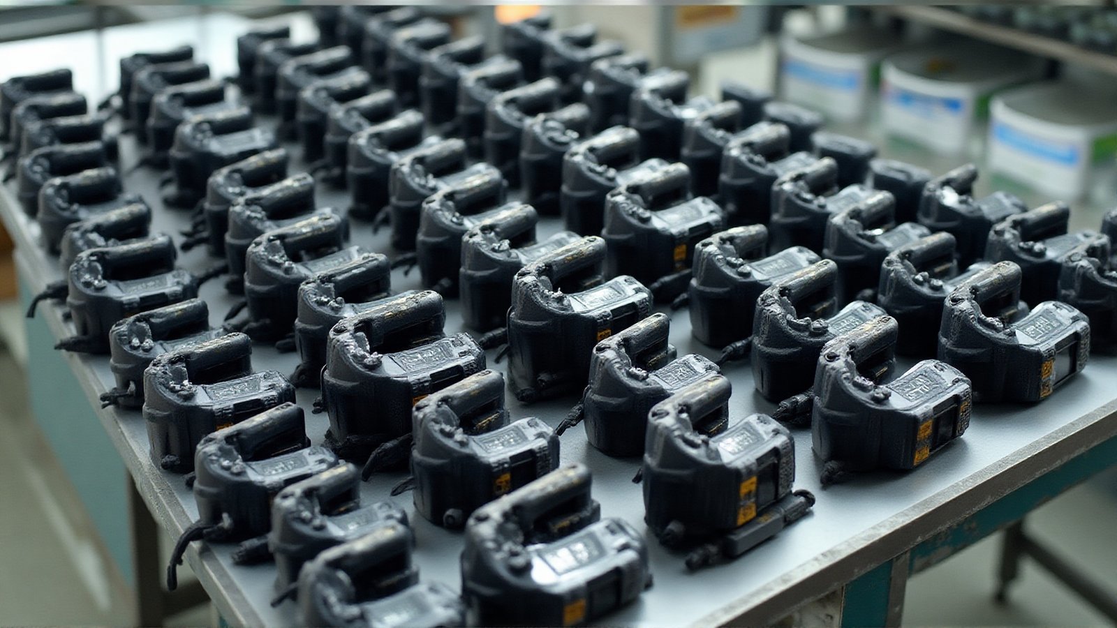A fleet of owned two-way radios laid out in rows
