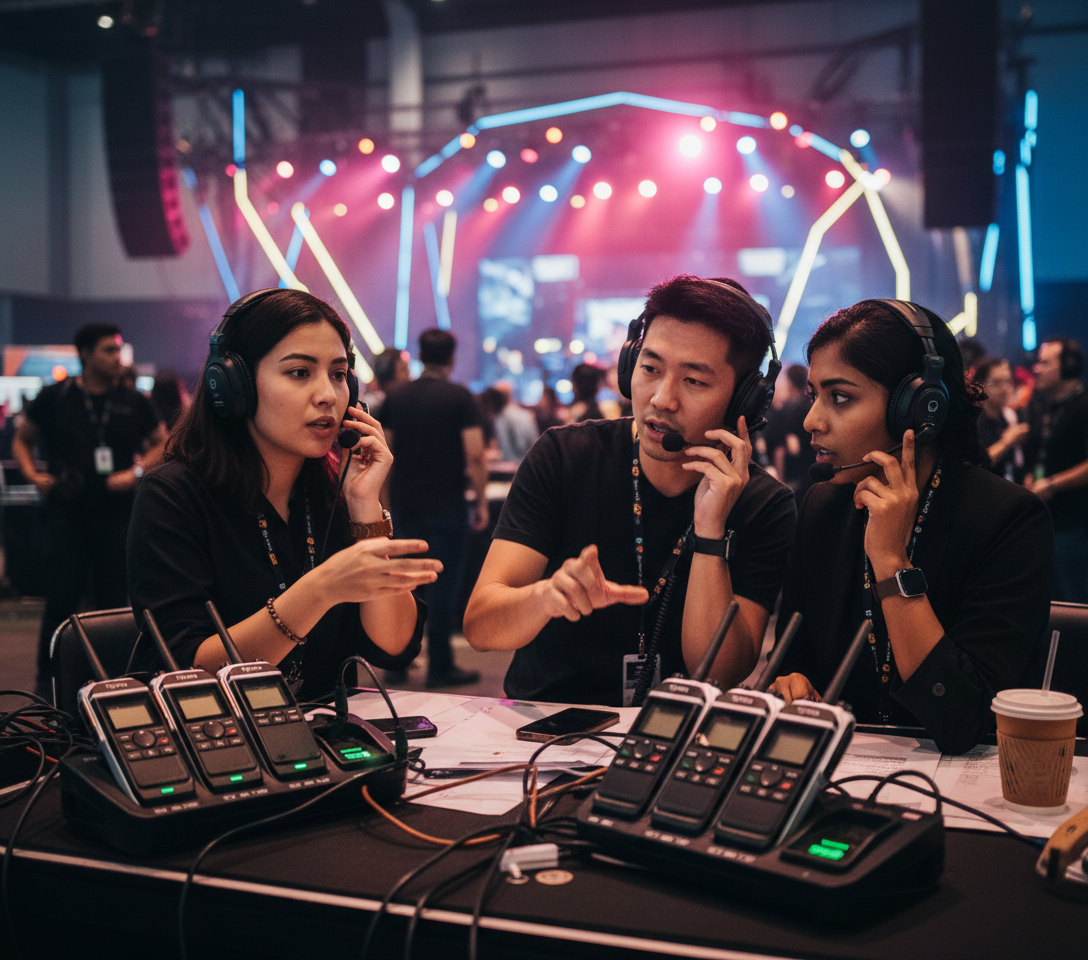 Event crew using walkie talkies across stage, front-of-house and operations