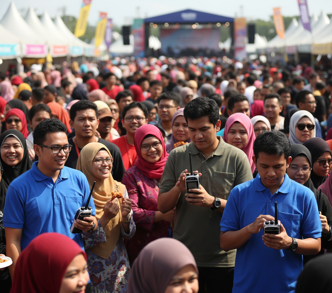 Event team using rental walkie talkies at a Malaysian pop-up booth