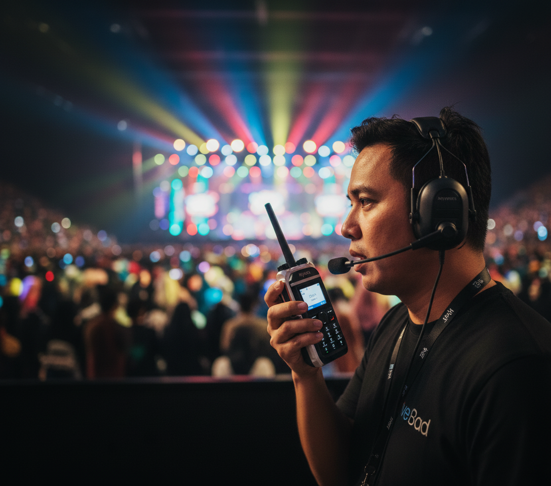 Malaysian event production crew coordinating backstage with discreet earpiece walkie talkies