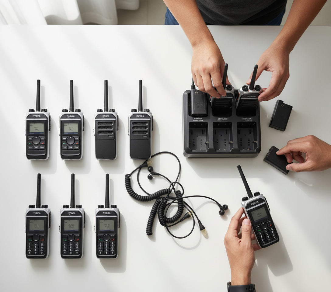 Event rental walkie talkie kit with radios, batteries, chargers and earpieces ready to hand out
