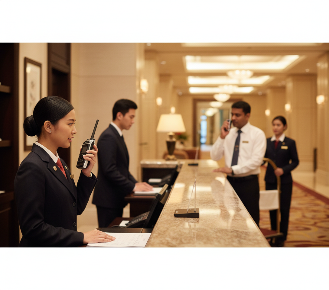Resort staff coordinating by two-way radio between guest areas and service corridors