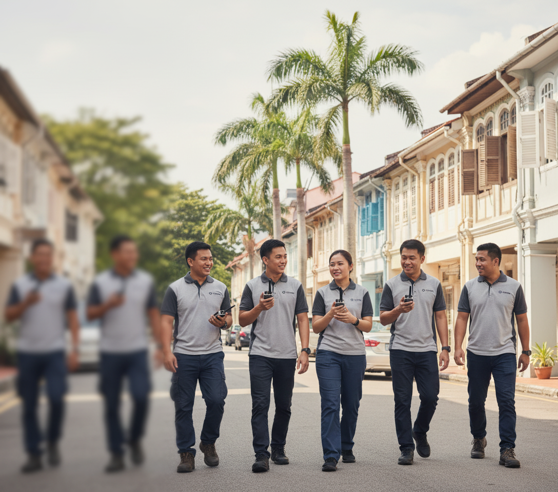 Malaysian operations crew using two-way radios on a George Town heritage street in Penang