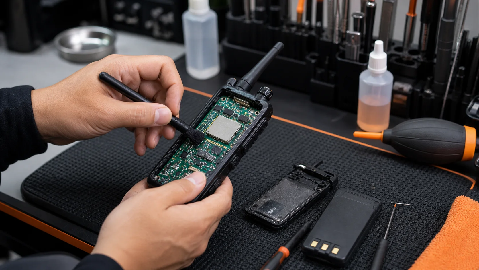 Macro of a two-way radio circuit board under component-level repair
