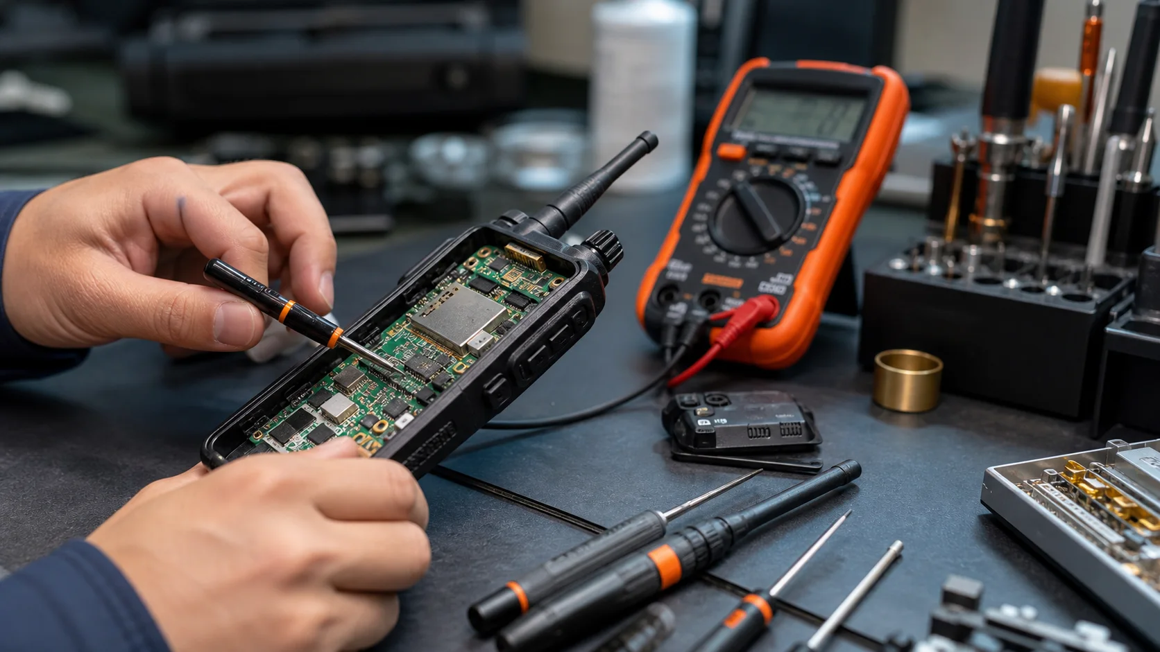 Octogen technician repairing an opened two-way radio at a service bench in Malaysia