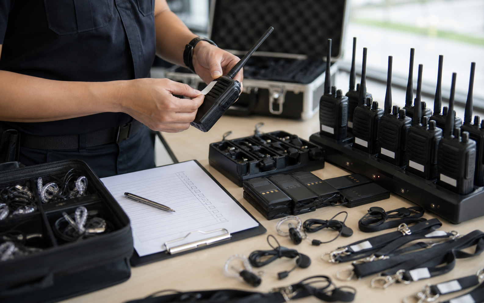 Clean walkie talkie rental kit with radios, chargers, earpieces and batteries