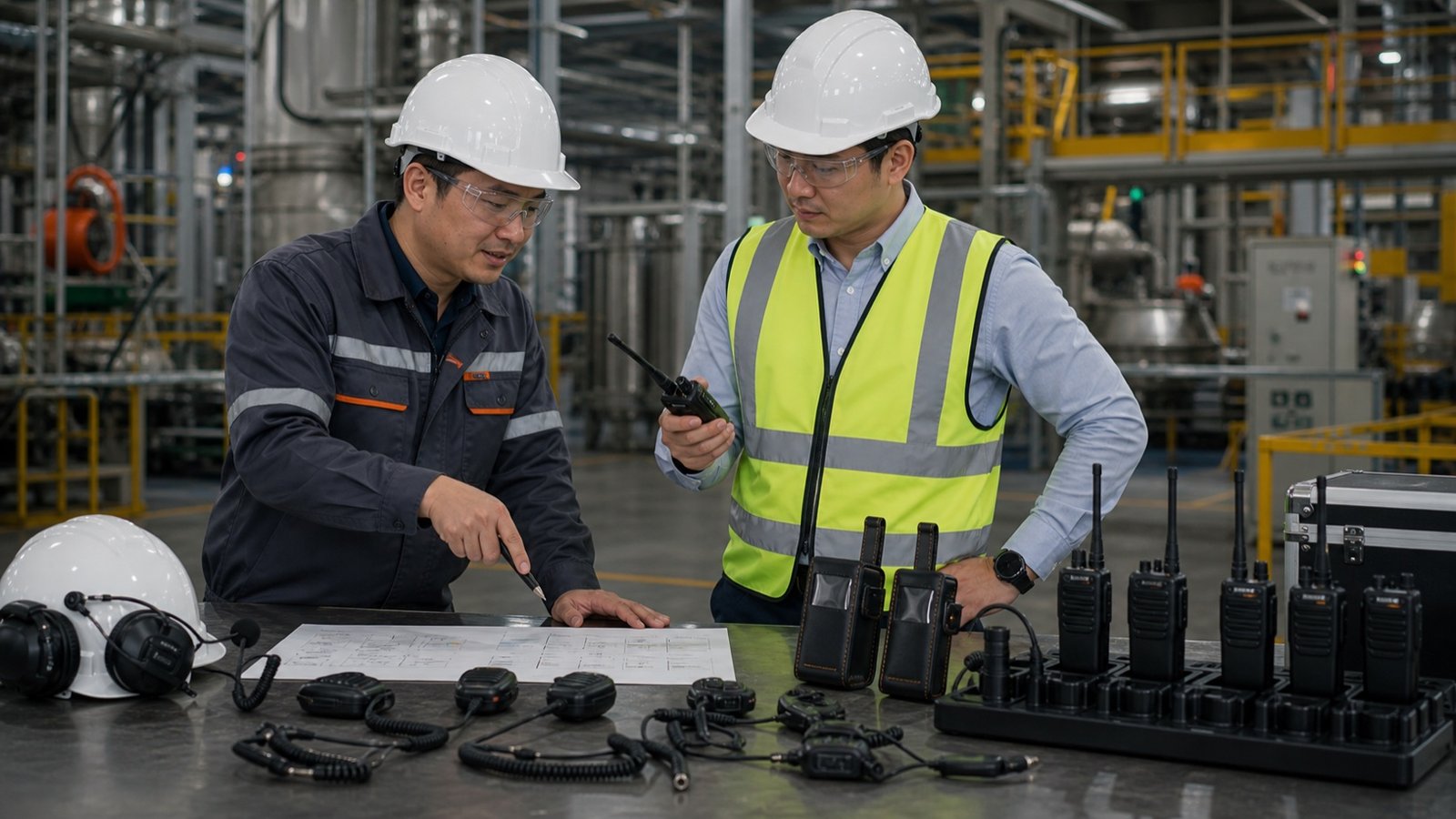 Octogen specialist helping a customer decide whether to rent or buy walkie talkies