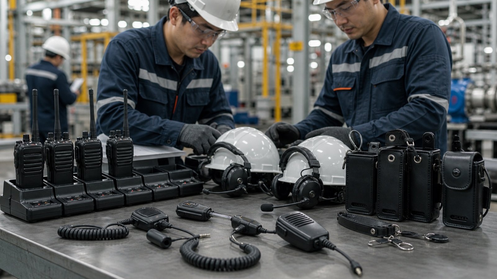 Radio accessory kit with speaker microphones hardhat headsets chargers and leather cases for a Selangor industrial operations case study