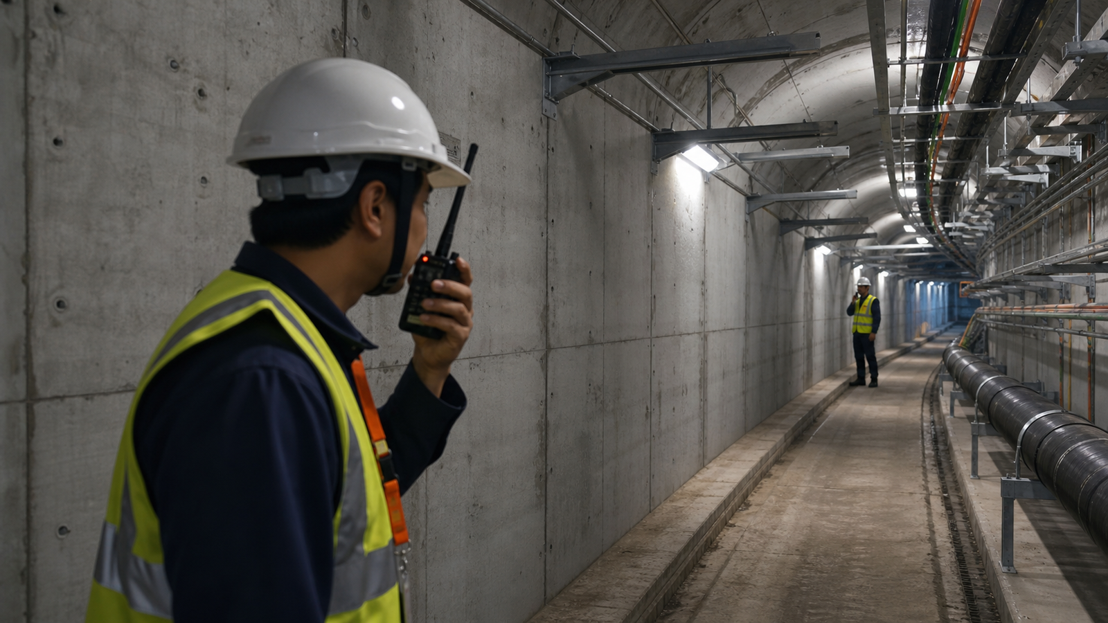 Underground engineering crew planning handheld radio communication where mobile phone signal is unreliable