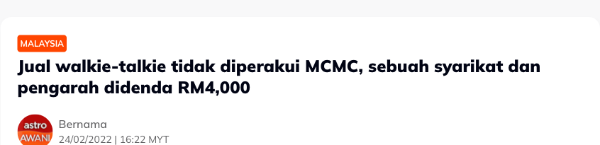 Astro Awani source screenshot RM4000 walkie talkie fine case