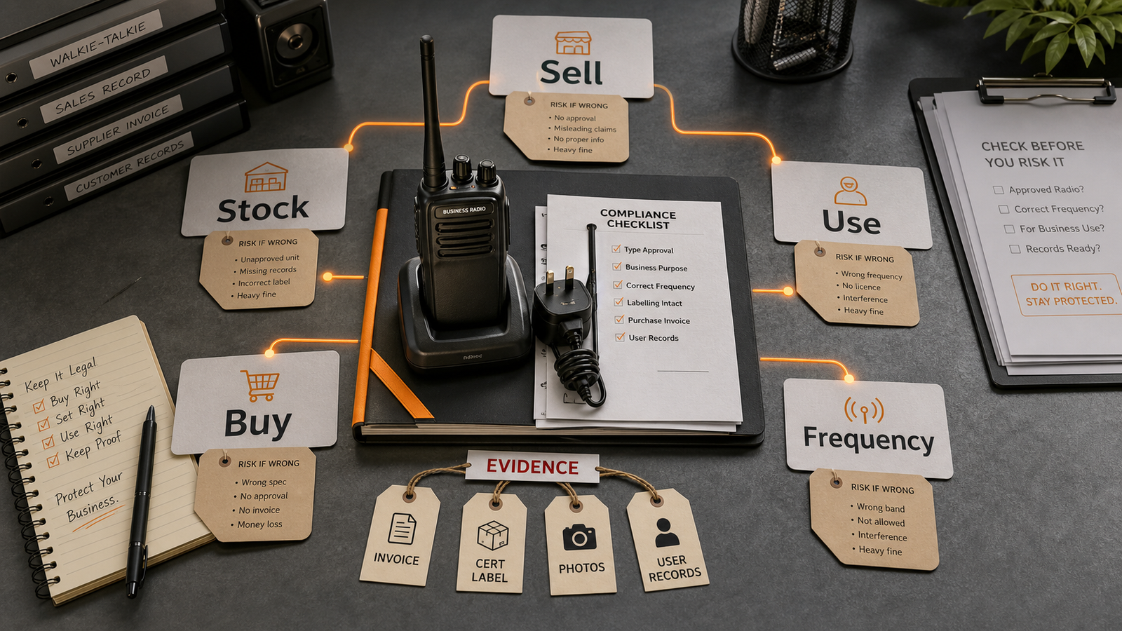 Walkie talkie compliance decision matrix for sell stock buy use and frequency