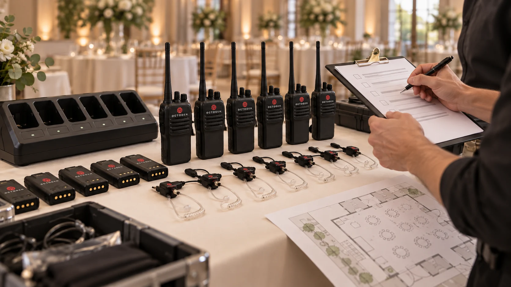 Concept illustration of Octogen-branded radio handover and accessories